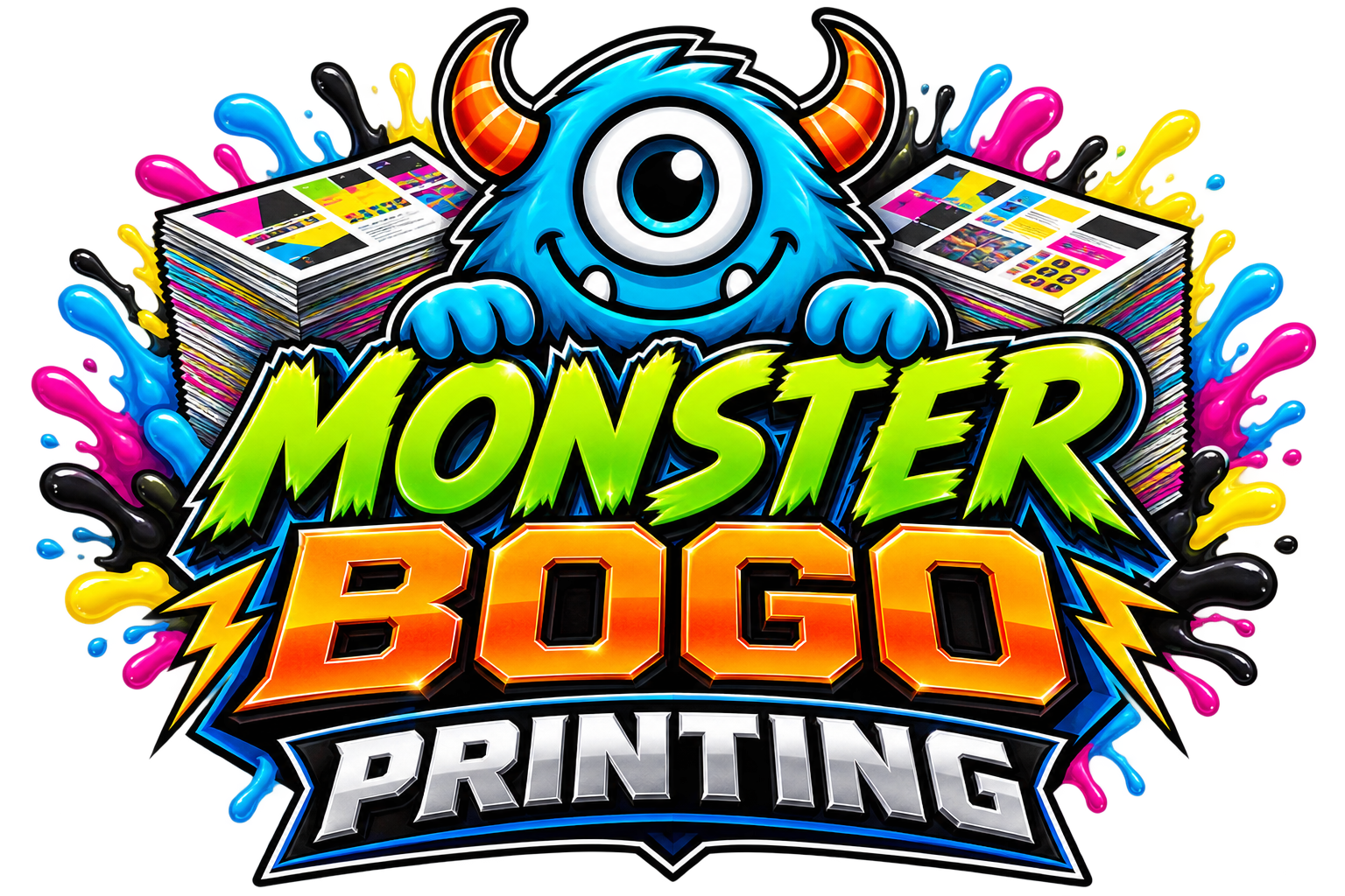 Monster holding stacks of printed products